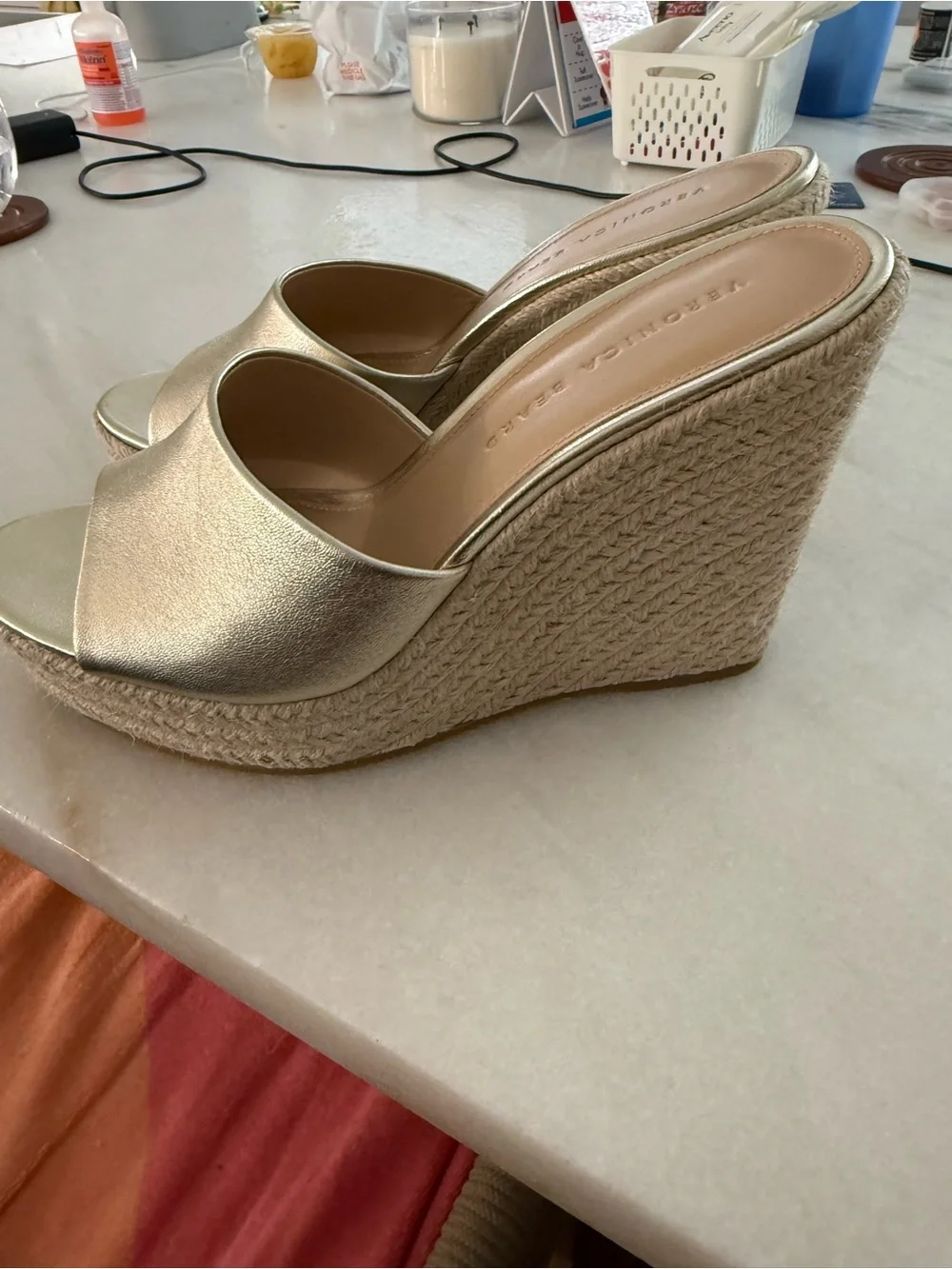 Veronica beard Metallic Gold Espadrille Wedge Slides platform 8.5